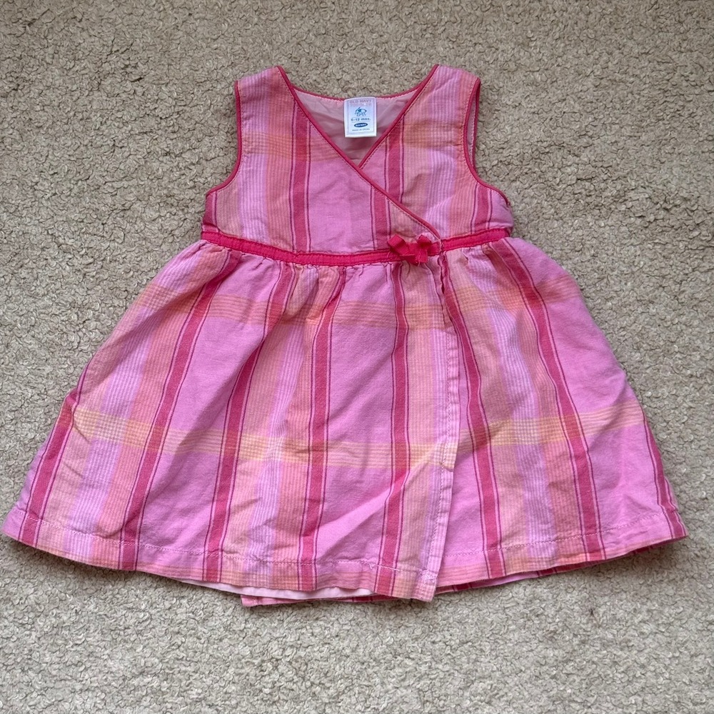 Y2K Old Navy Toddler Pink Plaid Linen Blend Wrap Dress Spring 2004 6-12 Months